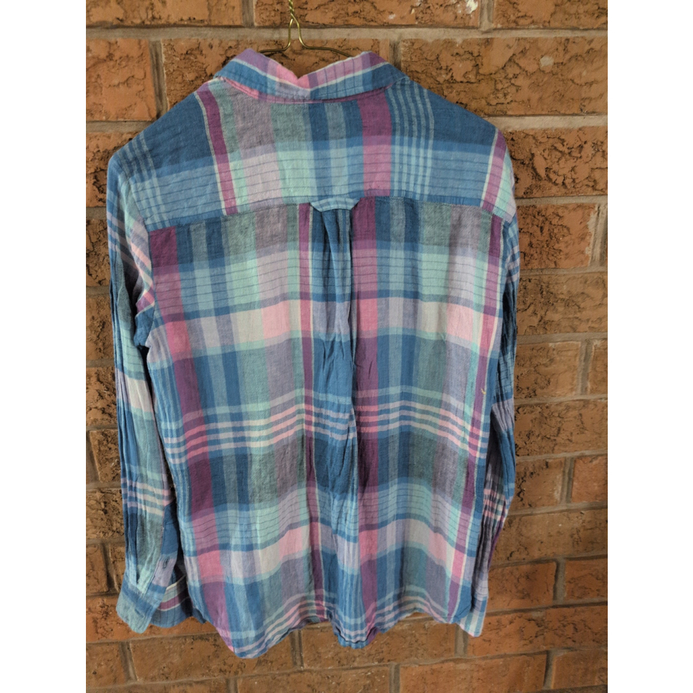 Roots blue purple pink Linen blend plaid button down shirt size xs - Picture 2 of 4